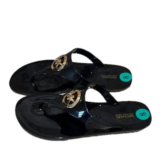 Michael Kors Lillie Jelly Thong Flat Sandal Black Gold Medallion Logo Sz 8  NWB - Picture 4 of 6
